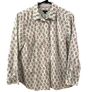 Talbots Blouse Button Down White Blue Leaf Print Long Sleeve Cotton WM SZ LP